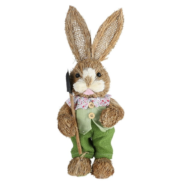 35cm STRAW RABBIT BOY WITH PICK HOME DECORATION EASTER BUNNY STATUE ORNAMENT